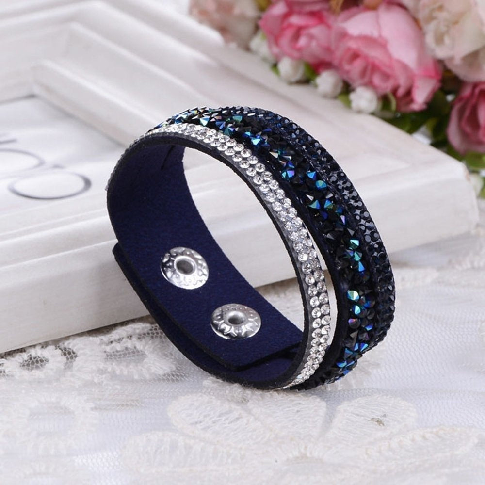 Womens Fashion Rhinestone Faux Leather Wristband Cuff Punk Bracelet Bangle Gift Image 2