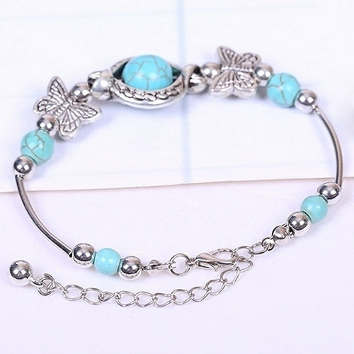 Womens Fashion Turquoise Beads Bracelet Charming Alloy Bangle Jewelry Gift Image 2