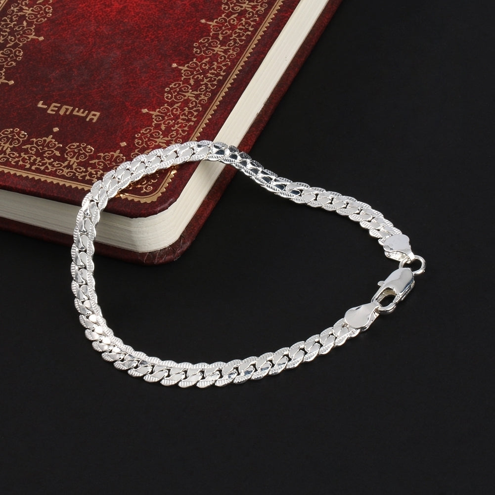 Fashion Mens Flat Curb Silver Plated Chain Simple Design Bracelet Jewelry Gift Image 4