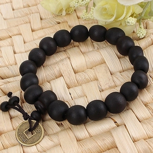 Wood Buddha Buddhist Prayer Beads Bracelet Copper Coin Bangle Wrist Ornament Image 4