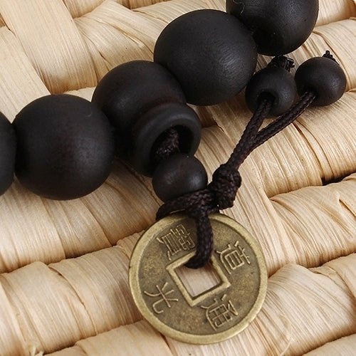 Wood Buddha Buddhist Prayer Beads Bracelet Copper Coin Bangle Wrist Ornament Image 4