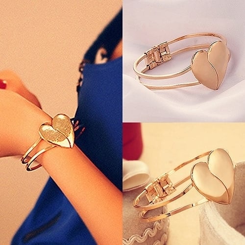 Women Gold Plated Cuff Bangle Alloy Couple Love Heart Bracelet Jewelry Charms Image 3