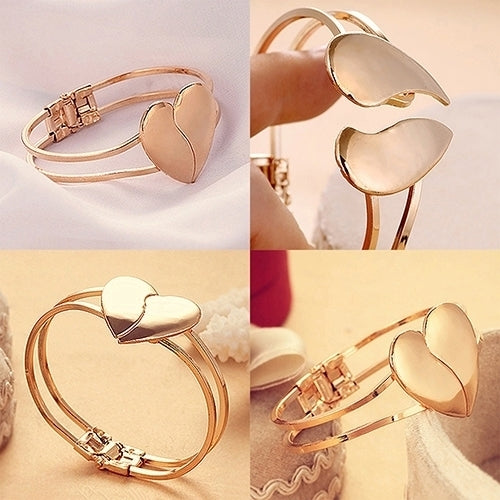 Women Gold Plated Cuff Bangle Alloy Couple Love Heart Bracelet Jewelry Charms Image 4