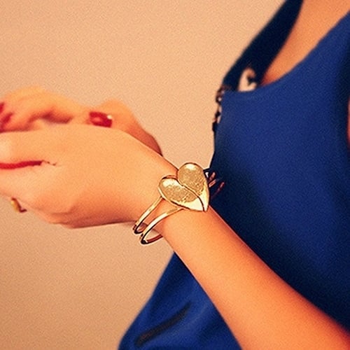 Women Gold Plated Cuff Bangle Alloy Couple Love Heart Bracelet Jewelry Charms Image 9