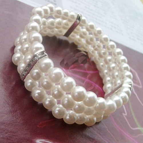 Fashion 3 Rows Faux Pearl Rhinestone Decor Elastic Stretchy Bangle Bracelet Image 1