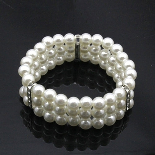 Fashion 3 Rows Faux Pearl Rhinestone Decor Elastic Stretchy Bangle Bracelet Image 3