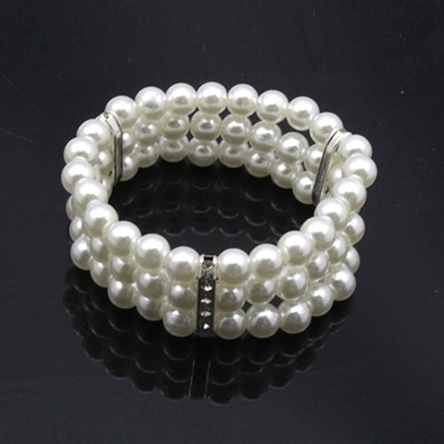 Fashion 3 Rows Faux Pearl Rhinestone Decor Elastic Stretchy Bangle Bracelet Image 4