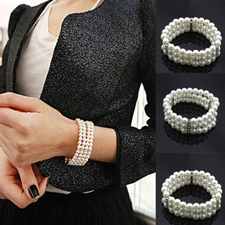 Fashion 3 Rows Faux Pearl Rhinestone Decor Elastic Stretchy Bangle Bracelet Image 4