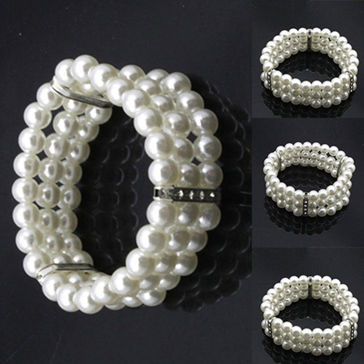 Fashion 3 Rows Faux Pearl Rhinestone Decor Elastic Stretchy Bangle Bracelet Image 6