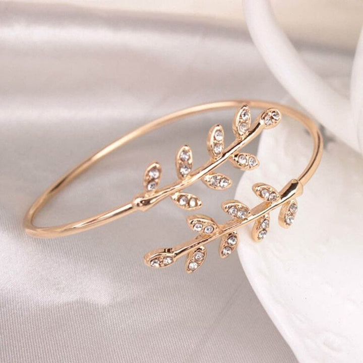 Women Fashion Rhinestone Inlaid Leaf Adjustable Opening Bracelet Bangle Jewelry Image 1