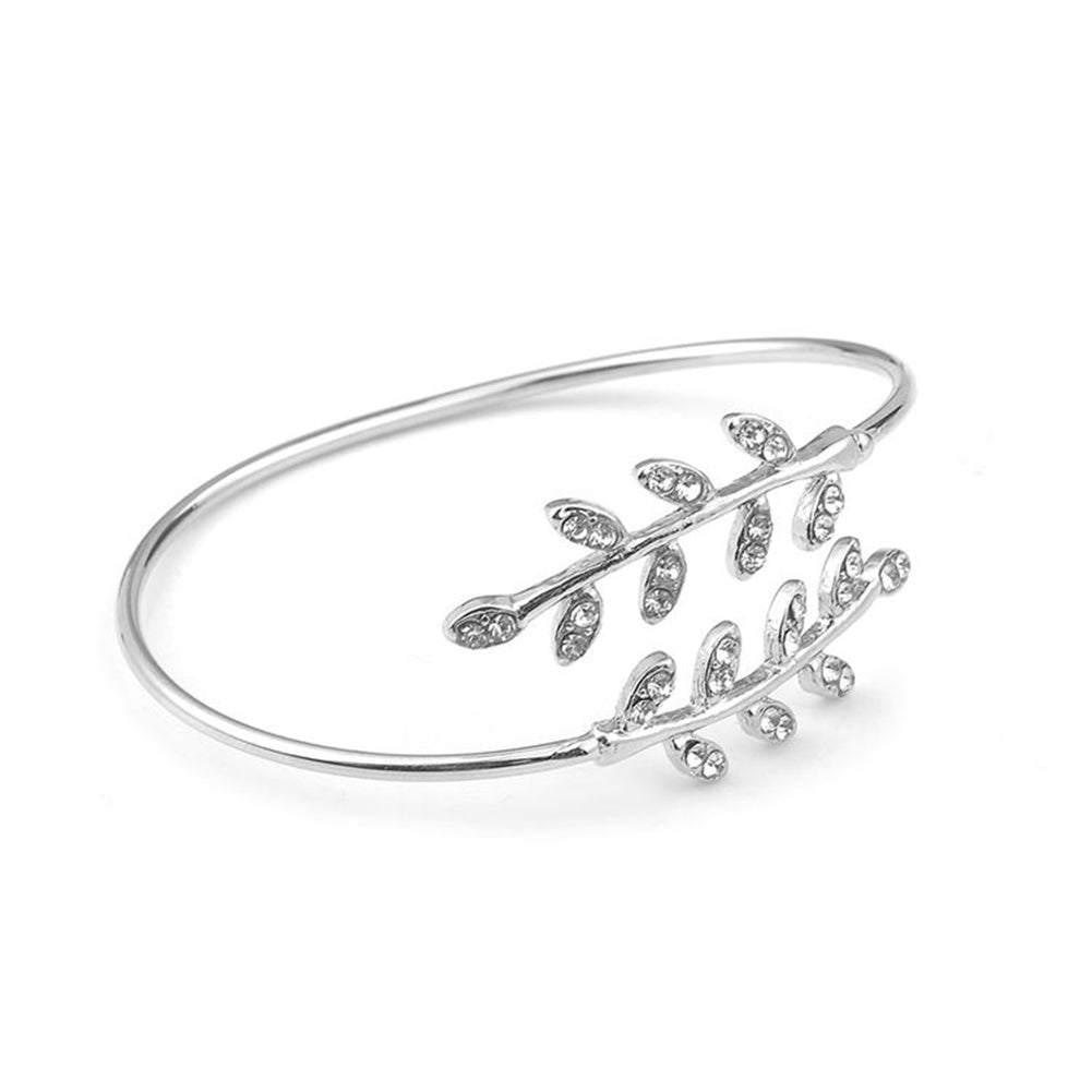 Women Fashion Rhinestone Inlaid Leaf Adjustable Opening Bracelet Bangle Jewelry Image 2