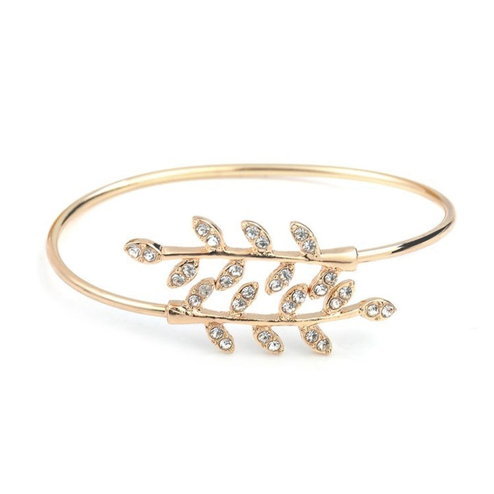 Women Fashion Rhinestone Inlaid Leaf Adjustable Opening Bracelet Bangle Jewelry Image 3