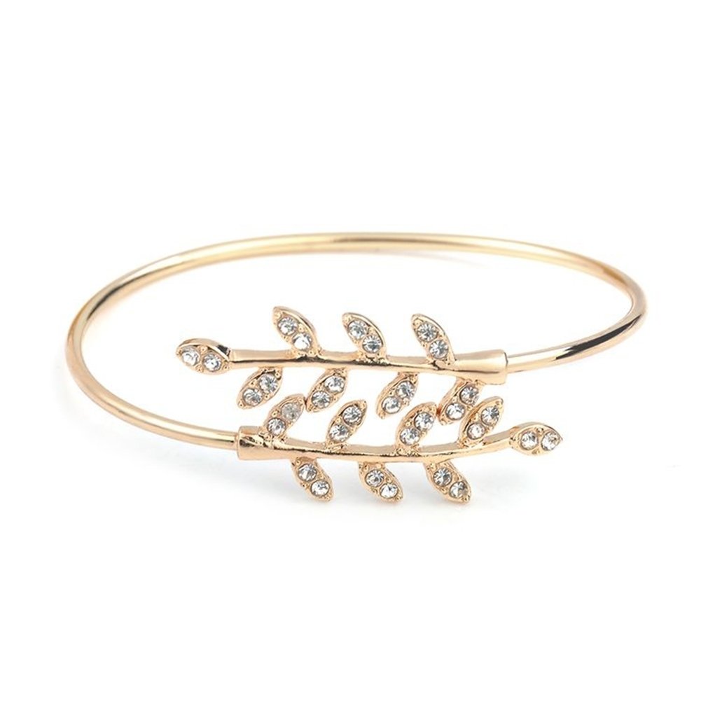 Women Fashion Rhinestone Inlaid Leaf Adjustable Opening Bracelet Bangle Jewelry Image 1