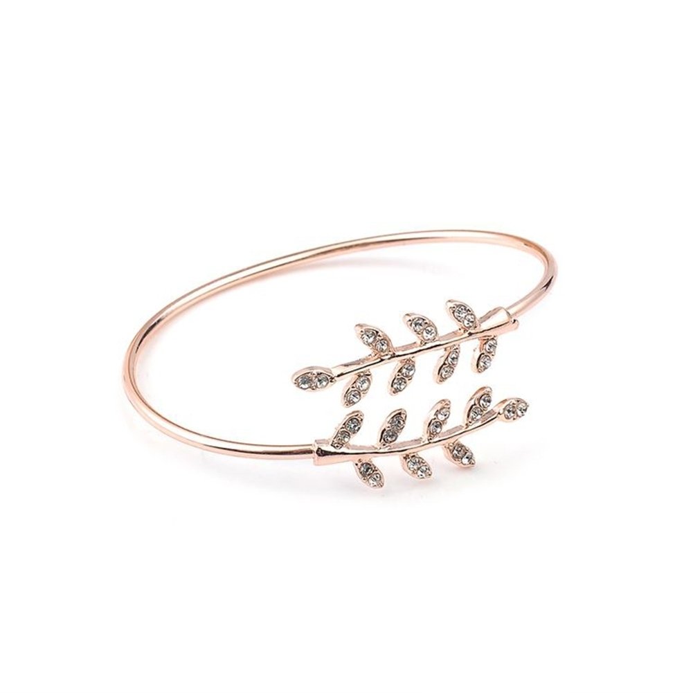 Women Fashion Rhinestone Inlaid Leaf Adjustable Opening Bracelet Bangle Jewelry Image 4