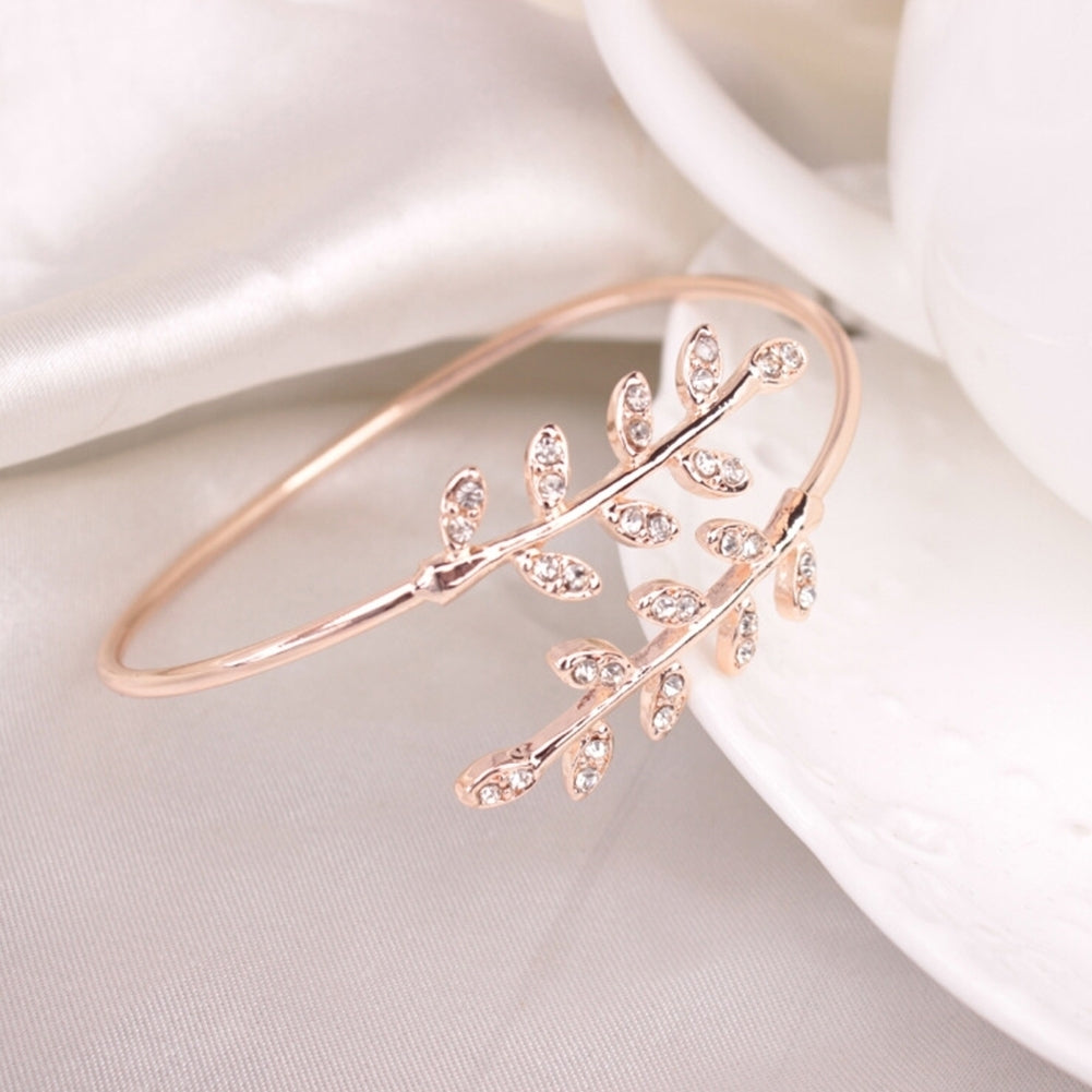 Women Fashion Rhinestone Inlaid Leaf Adjustable Opening Bracelet Bangle Jewelry Image 6