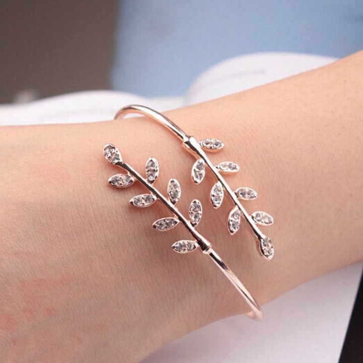 Women Fashion Rhinestone Inlaid Leaf Adjustable Opening Bracelet Bangle Jewelry Image 7