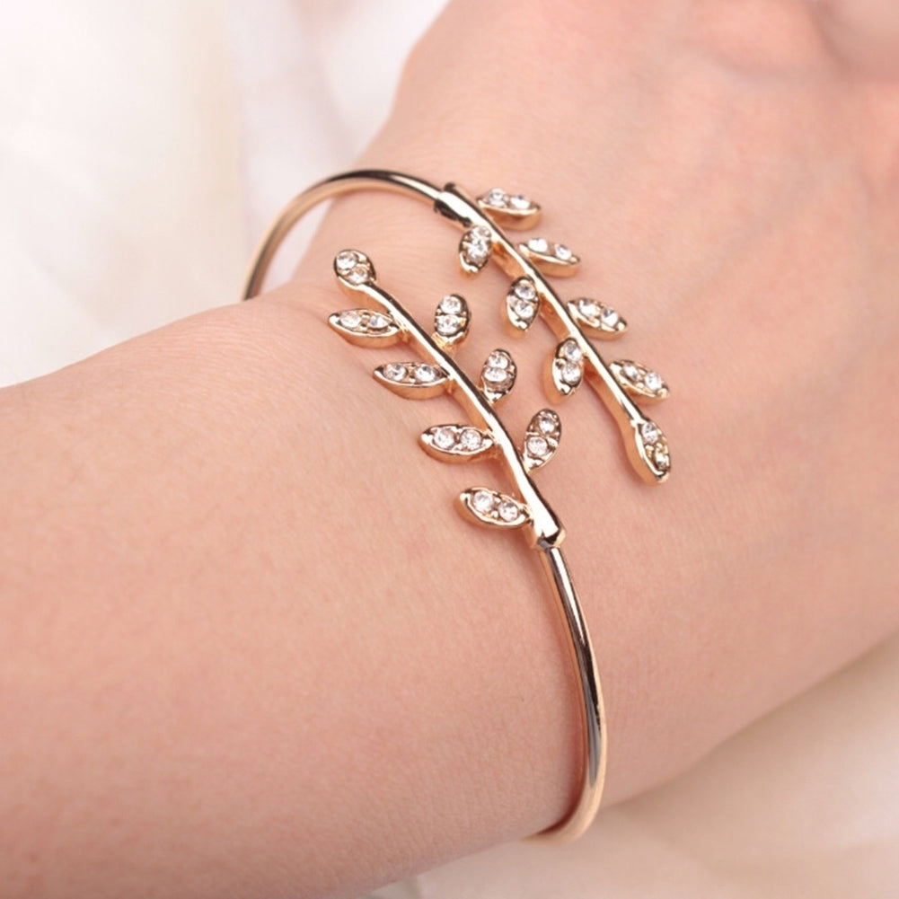 Women Fashion Rhinestone Inlaid Leaf Adjustable Opening Bracelet Bangle Jewelry Image 8