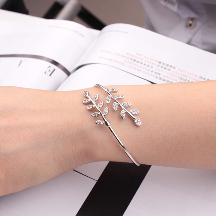 Women Fashion Rhinestone Inlaid Leaf Adjustable Opening Bracelet Bangle Jewelry Image 9