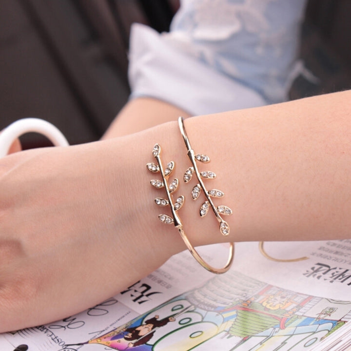 Women Fashion Rhinestone Inlaid Leaf Adjustable Opening Bracelet Bangle Jewelry Image 10