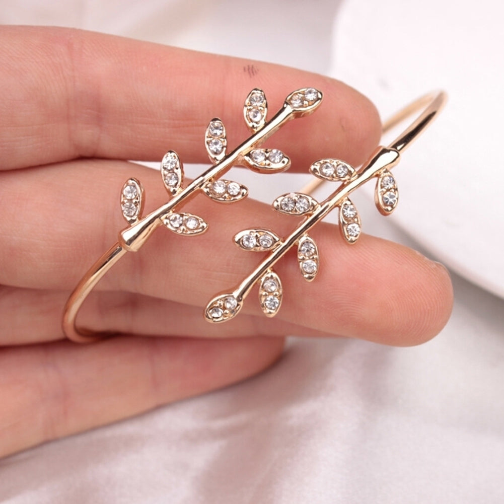 Women Fashion Rhinestone Inlaid Leaf Adjustable Opening Bracelet Bangle Jewelry Image 11