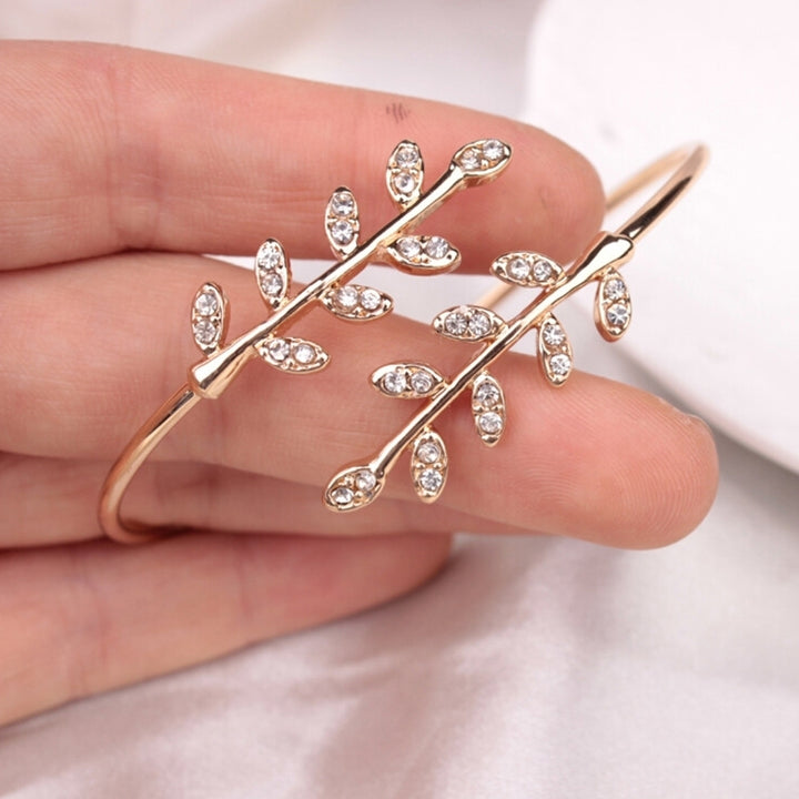 Women Fashion Rhinestone Inlaid Leaf Adjustable Opening Bracelet Bangle Jewelry Image 11