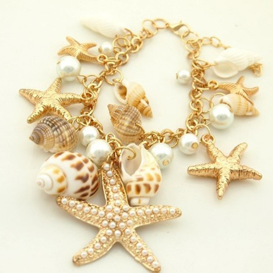 Women Ocean Sea Shell Starfish Faux Pearl Pendant Bracelet Bangle Jewelry Gift Image 1