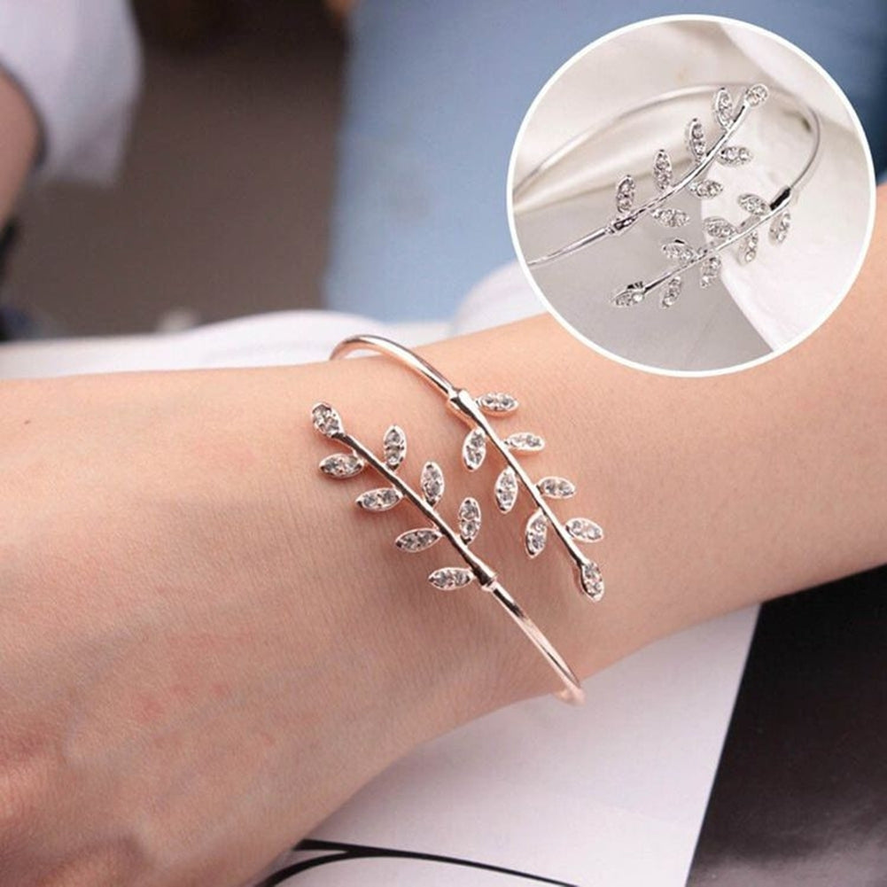 Women Fashion Rhinestone Inlaid Leaf Adjustable Opening Bracelet Bangle Jewelry Image 12