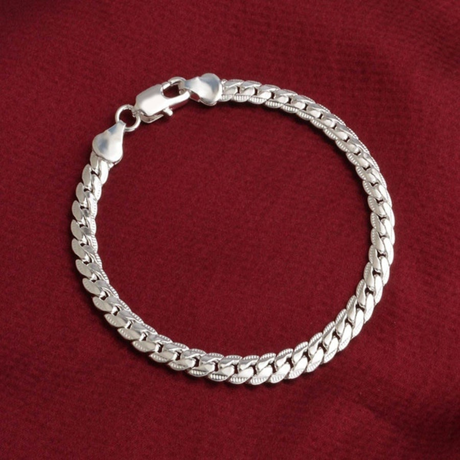 Simple Flat Curb Silver Plated Chain Lobster Clasp Bracelet Womens Jewelry Image 1