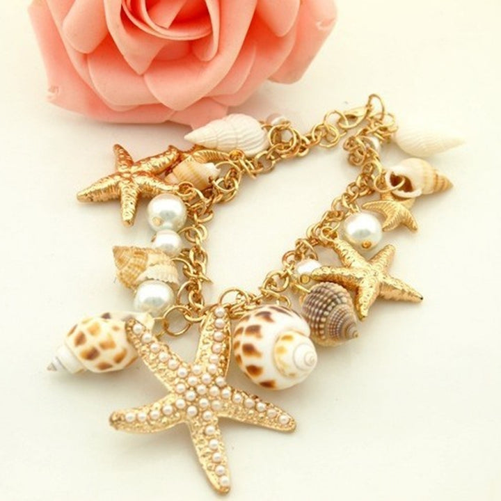 Women Ocean Sea Shell Starfish Faux Pearl Pendant Bracelet Bangle Jewelry Gift Image 2