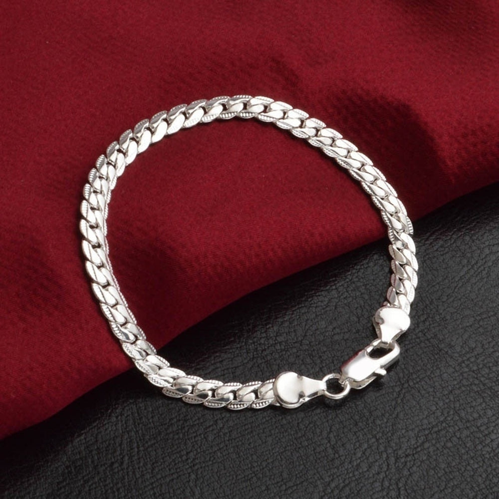 Simple Flat Curb Silver Plated Chain Lobster Clasp Bracelet Womens Jewelry Image 2