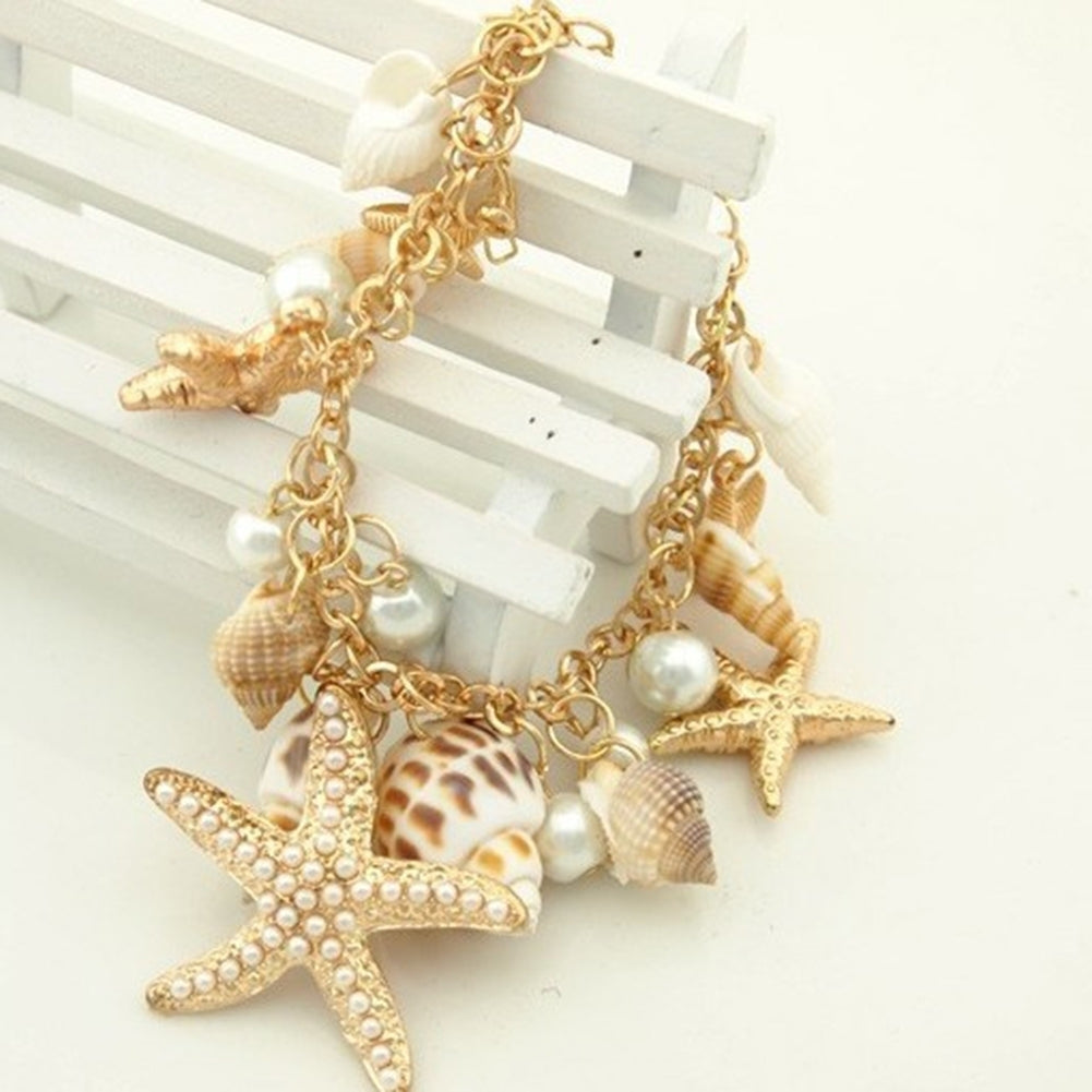 Women Ocean Sea Shell Starfish Faux Pearl Pendant Bracelet Bangle Jewelry Gift Image 3