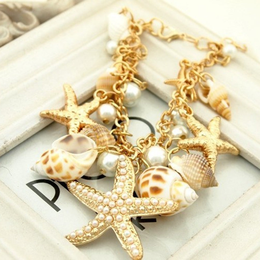 Women Ocean Sea Shell Starfish Faux Pearl Pendant Bracelet Bangle Jewelry Gift Image 4