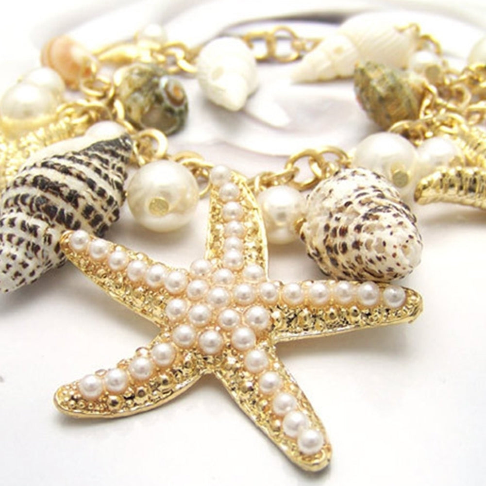 Women Ocean Sea Shell Starfish Faux Pearl Pendant Bracelet Bangle Jewelry Gift Image 4