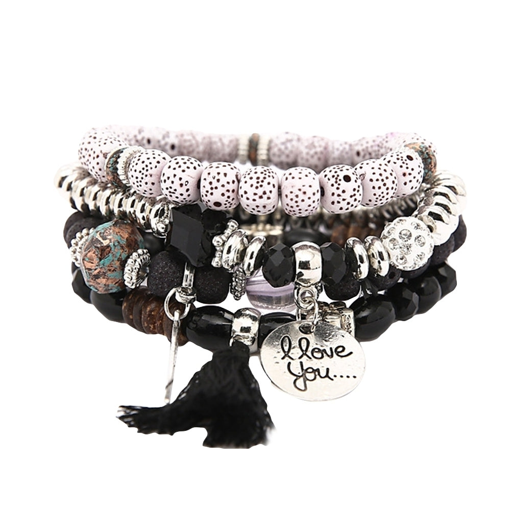 Bohemian Women Tassel Wing Disc Charm Natural Stone Beaded Multilayer Bracelet Image 3