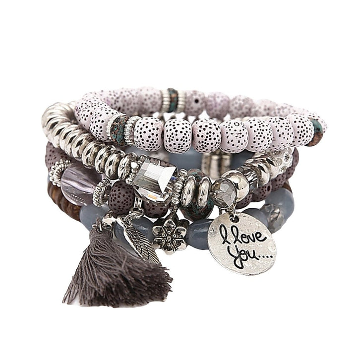 Bohemian Women Tassel Wing Disc Charm Natural Stone Beaded Multilayer Bracelet Image 4