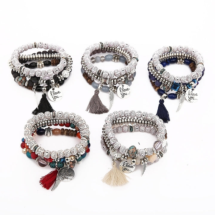 Bohemian Women Tassel Wing Disc Charm Natural Stone Beaded Multilayer Bracelet Image 7