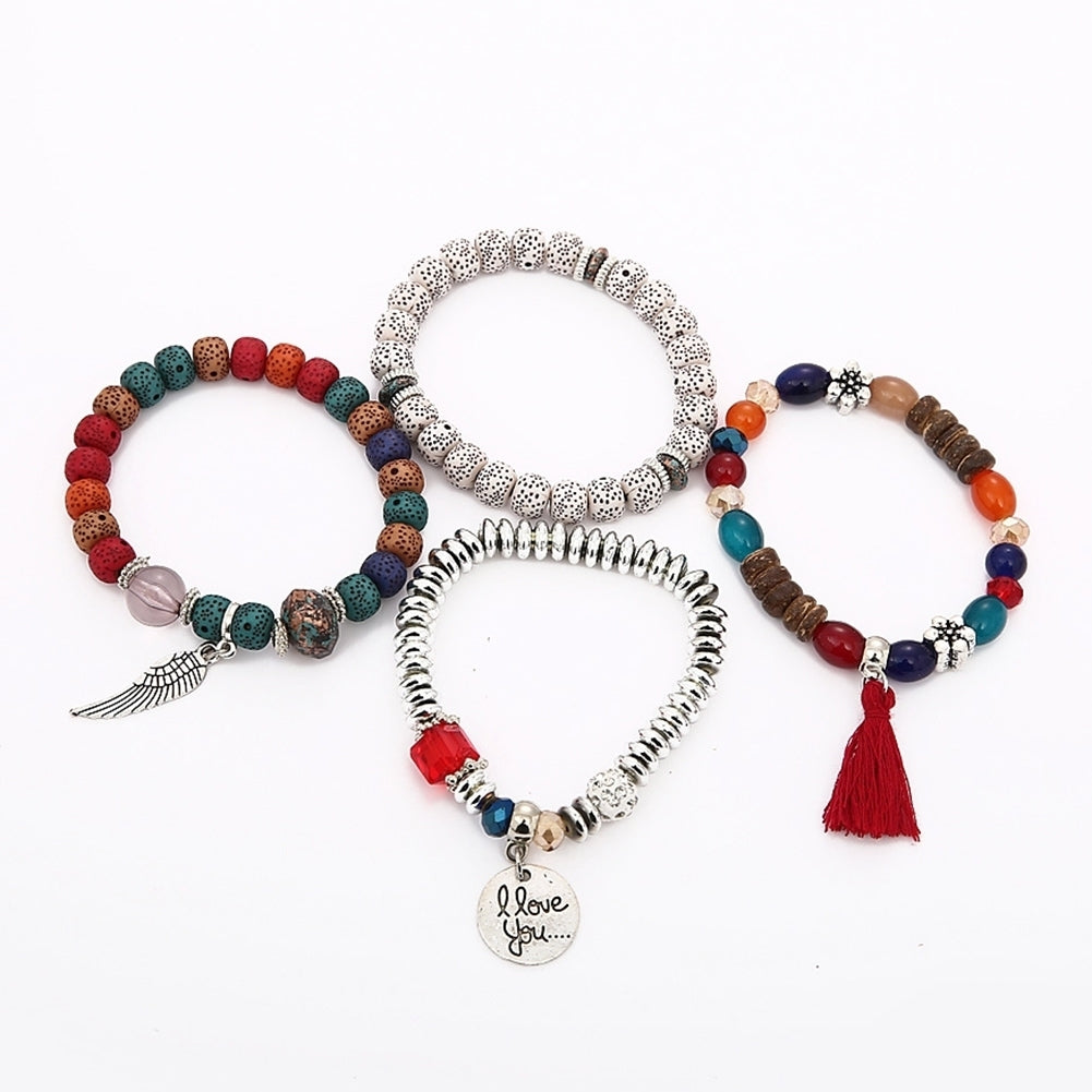 Bohemian Women Tassel Wing Disc Charm Natural Stone Beaded Multilayer Bracelet Image 8