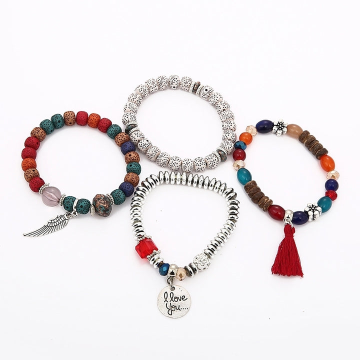 Bohemian Women Tassel Wing Disc Charm Natural Stone Beaded Multilayer Bracelet Image 8