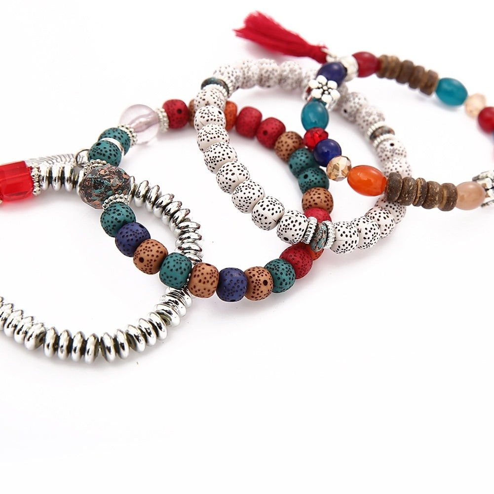 Bohemian Women Tassel Wing Disc Charm Natural Stone Beaded Multilayer Bracelet Image 9