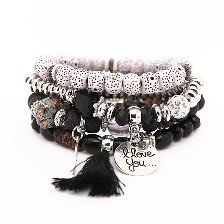 Bohemian Women Tassel Wing Disc Charm Natural Stone Beaded Multilayer Bracelet Image 10