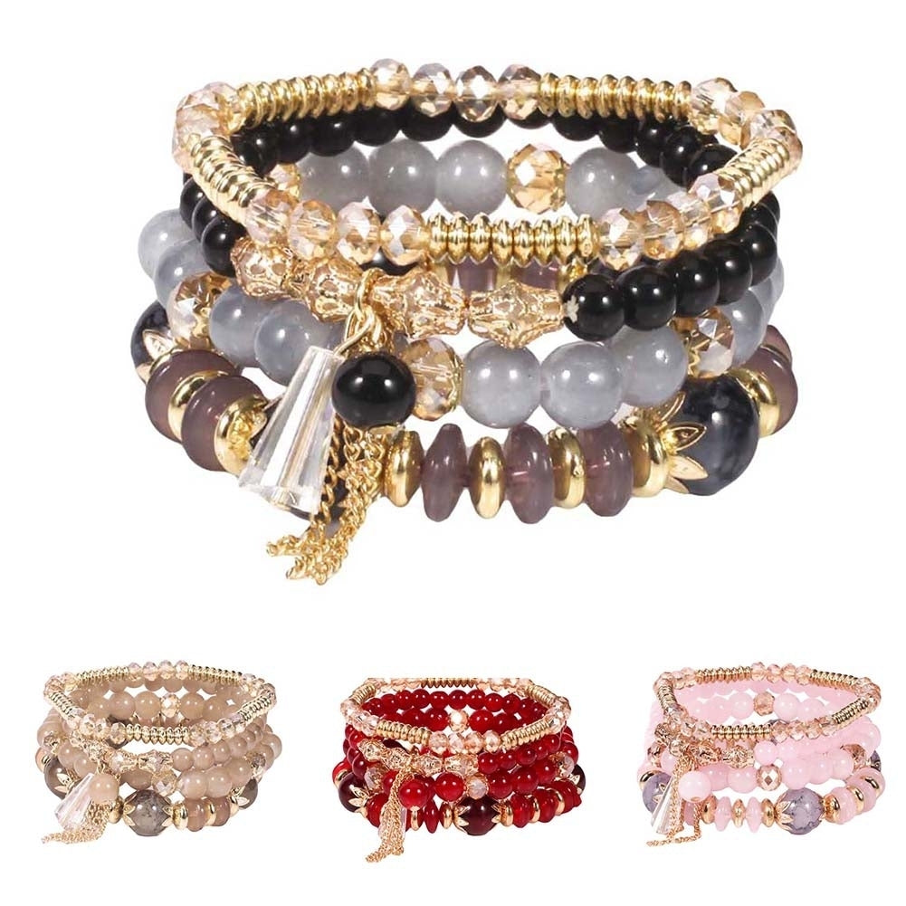 4Pcs Boho Faux Agate Pearl Tassel Chain Charm Beaded Bracelet Women Jewelry Image 8