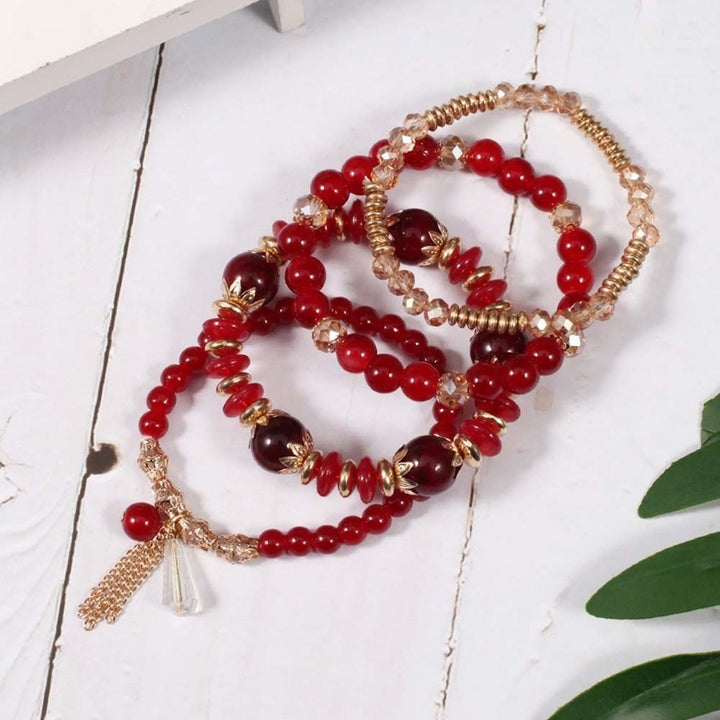 4Pcs Boho Faux Agate Pearl Tassel Chain Charm Beaded Bracelet Women Jewelry Image 9