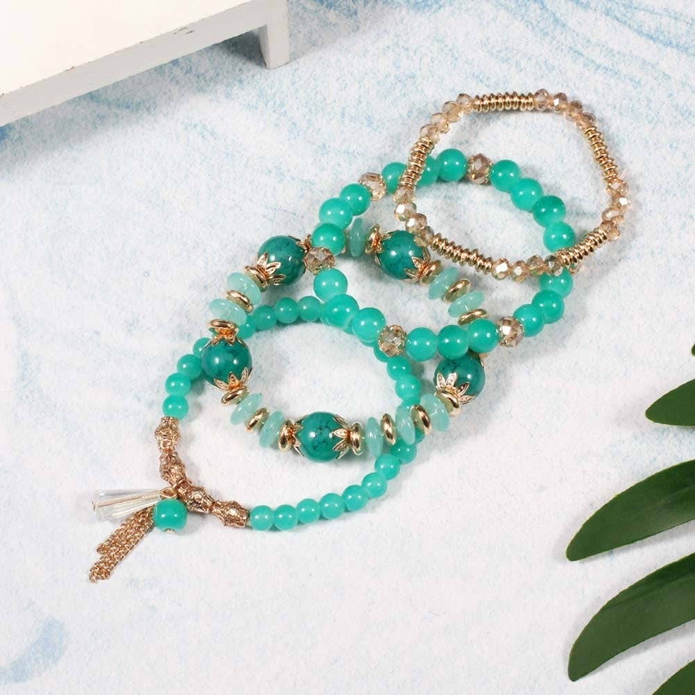 4Pcs Boho Faux Agate Pearl Tassel Chain Charm Beaded Bracelet Women Jewelry Image 10