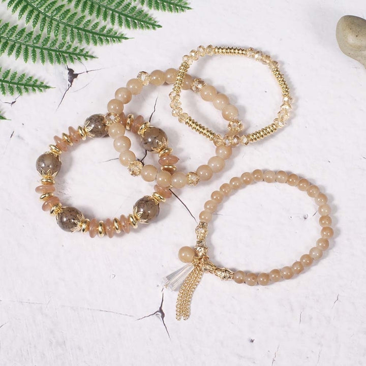 4Pcs Boho Faux Agate Pearl Tassel Chain Charm Beaded Bracelet Women Jewelry Image 11