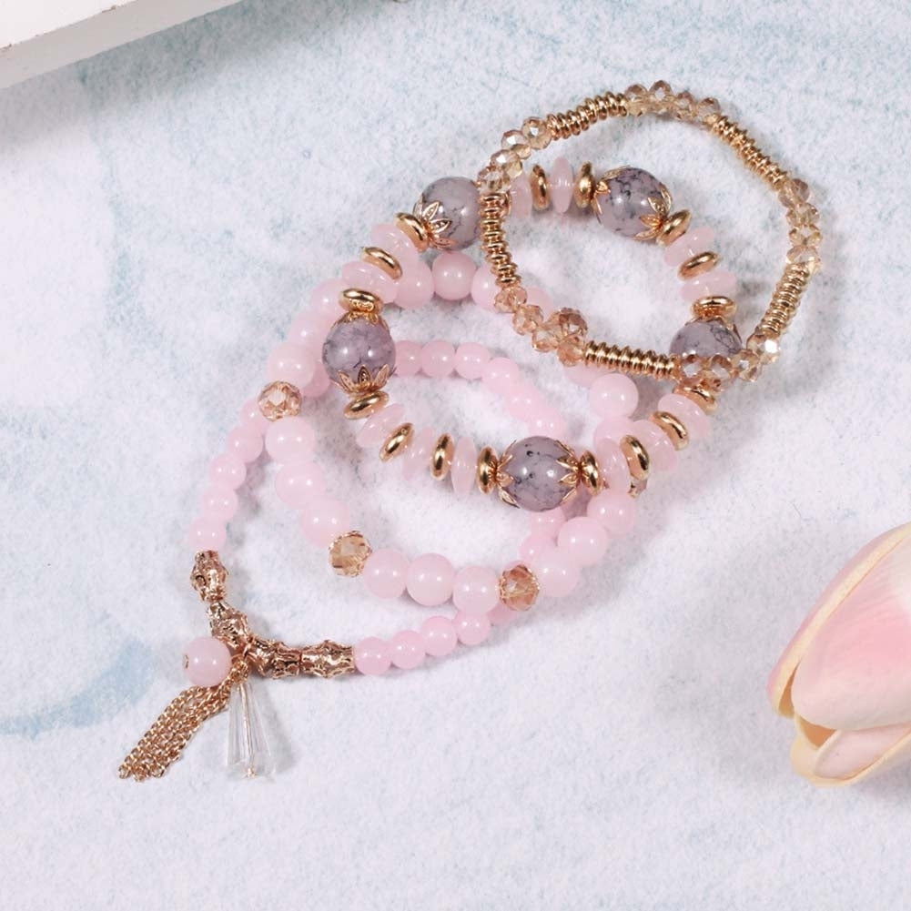 4Pcs Boho Faux Agate Pearl Tassel Chain Charm Beaded Bracelet Women Jewelry Image 12