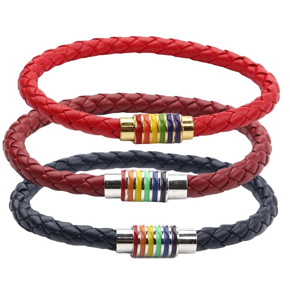 Fashion Unisex Braided Leather Rope Rainbow Magnetic Buckle Bracelet Jewelry Image 1