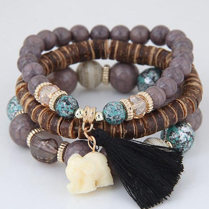 Boho Women Faux Turquoise Beaded Elephant Tassel Charm Multilayer Bracelet Gift Image 4