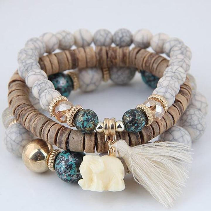 Boho Women Faux Turquoise Beaded Elephant Tassel Charm Multilayer Bracelet Gift Image 4