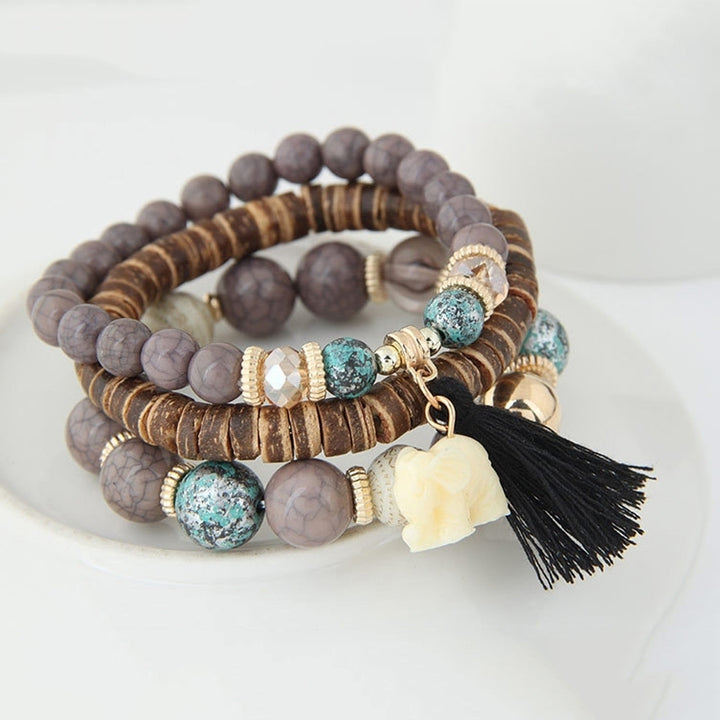 Boho Women Faux Turquoise Beaded Elephant Tassel Charm Multilayer Bracelet Gift Image 6