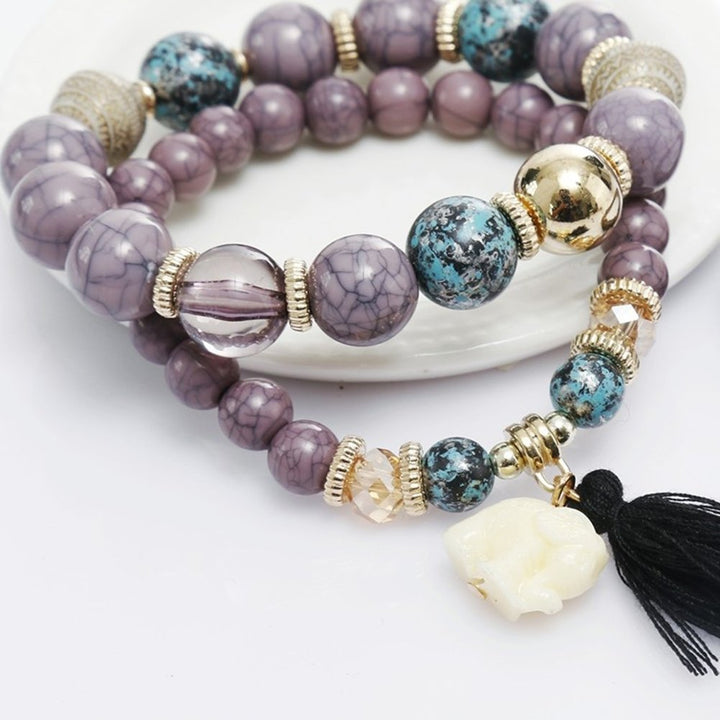 Boho Women Faux Turquoise Beaded Elephant Tassel Charm Multilayer Bracelet Gift Image 8